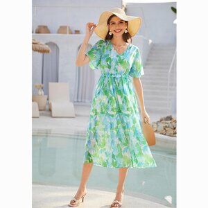 GRACE KARIN size 2XL Flutter Sleeve Flowy Pleated Beach Dress Feminine Vacation